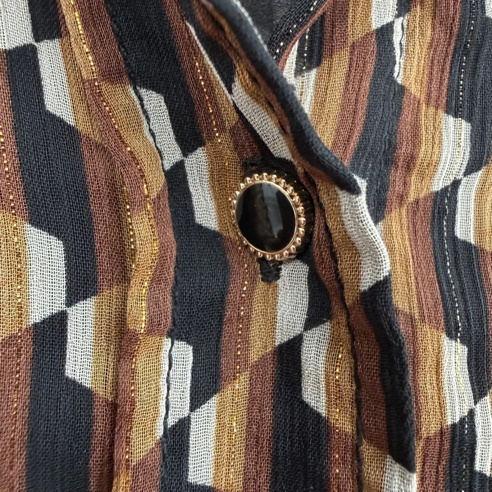 ZARA BROWN GEO PRINT GOLD LUREX MINI SHIRT DRESS RETRO‎ SMALL -- FLAWED